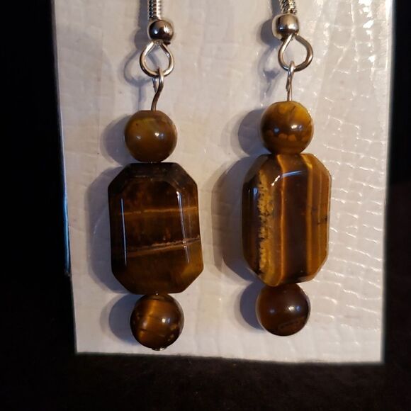 NEW, Never Worn Gorgeous Hand-Crafted Tigerseye Tiger's Eye Drop Earrings - Picture 2 of 2